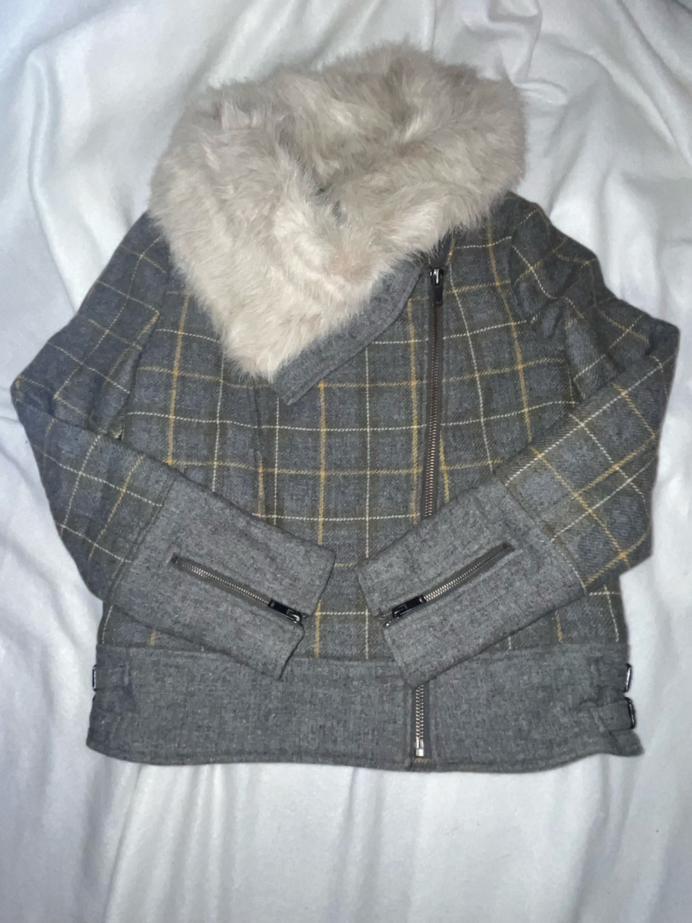 NWOT Banana Republic Plaid Wool Blend Faux Fur Collar Moto Jacket M